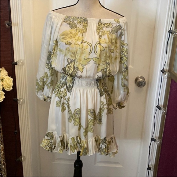 Roberto Cavalli White and Green Off-Shoulder silk Dress,